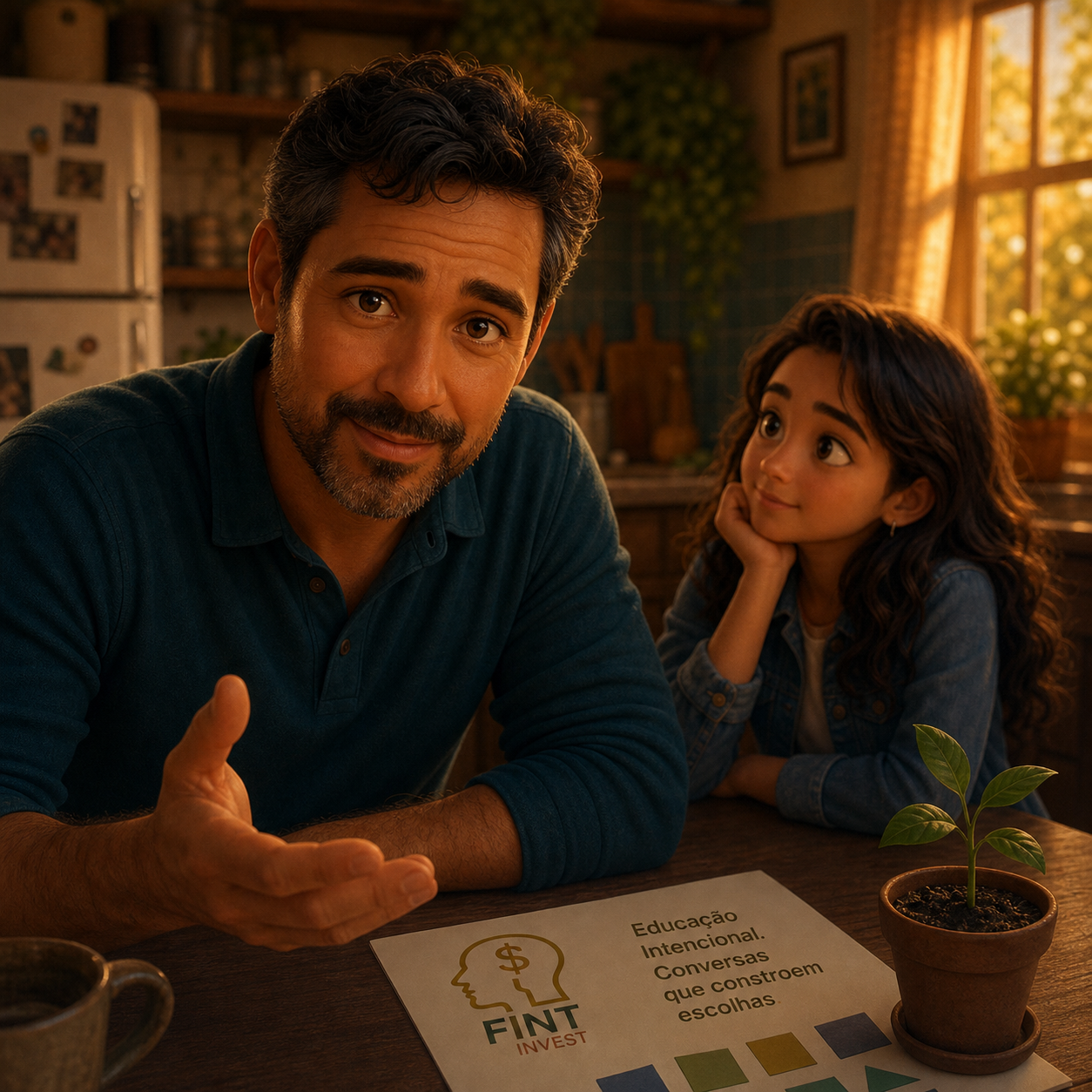 Pai e filha conversando em casa sobre a primeira mesada